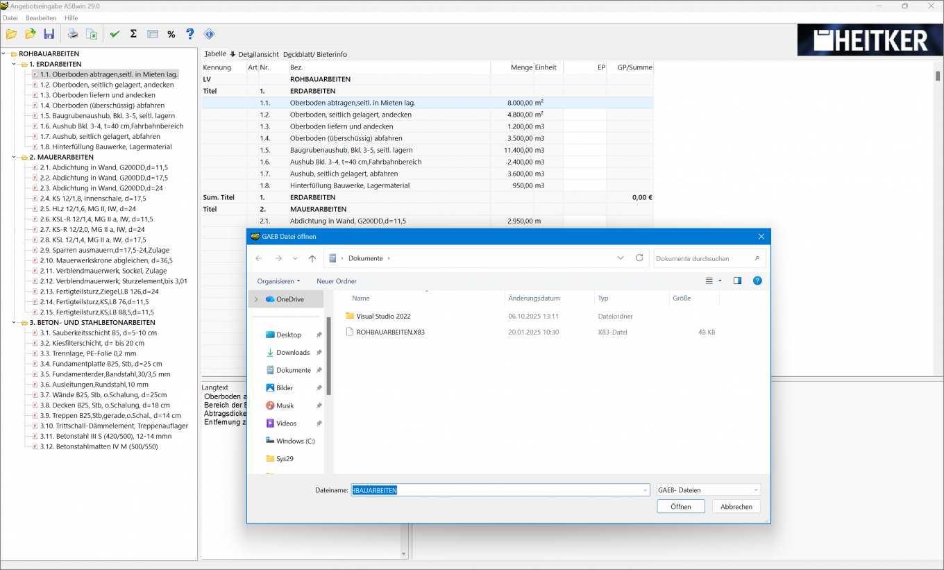 GAEB-Software Screenshot: GAEB-Ausschreibung öffnen