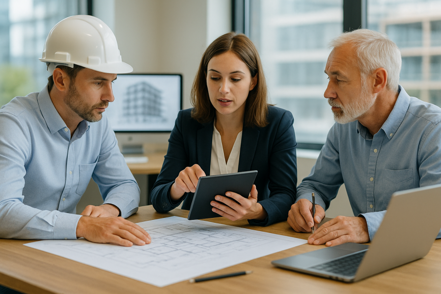 Architektenteam bespricht Baupläne am Tisch, Ingenieur mit Schutzhelm und Architektin mit Tablet
