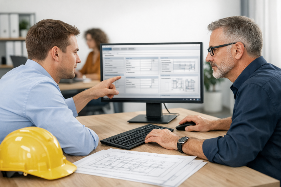 Architektenteam bespricht Baupläne am Tisch, Ingenieur mit Schutzhelm und Architektin mit Tablet