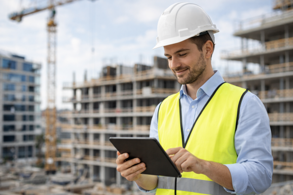 Baustellenleiter mit Tablet prüft digitale Bau-Abrechnung vor Rohbau – Symbolbild für AVA-Software und Kostenkontrolle