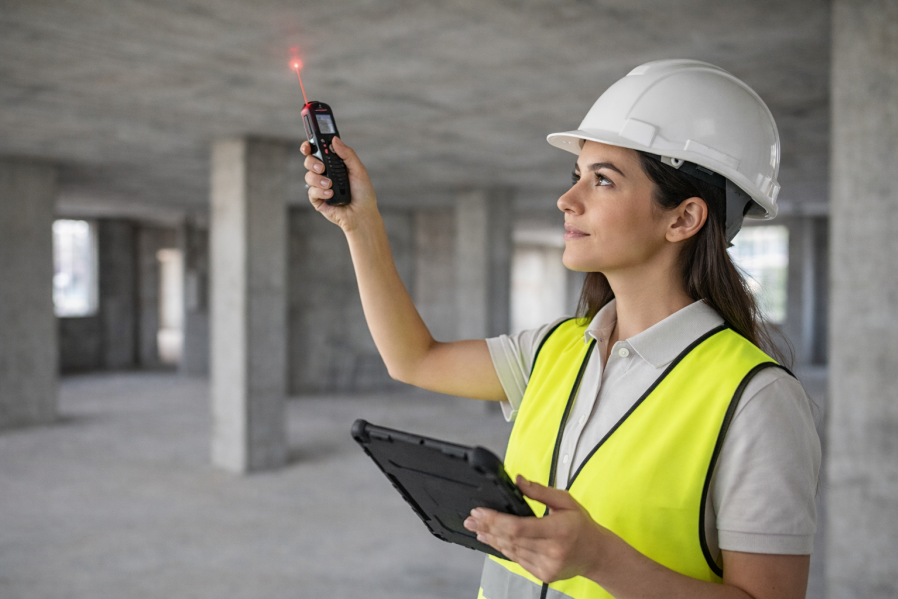 Bauingenieurin in Schutzhelm und Warnweste misst Betondecke mit Laserdistanzmesser und hält robustes Tablet für digitales Aufmaß