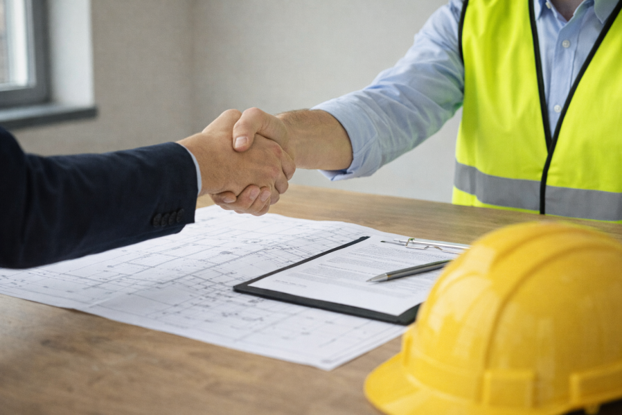 Bauherr und Bauunternehmer reichen sich die Hand über Bauvertrag und Bauplänen mit Schutzhelm auf dem Tisch