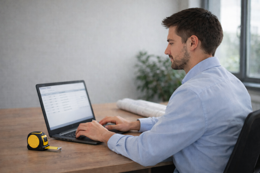 Architekt blickt konzentriert auf Laptop mit unscharfer Suchmaske für Hersteller-Ausschreibungstexte; heller Schreibtisch mit Bauplan und Zimmerpflanze im Hintergrund