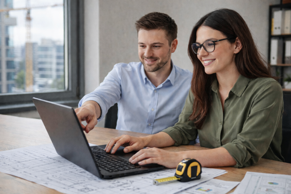 Zwei Fachleute prüfen am Laptop ein Leistungsverzeichnis; Baupläne und Diagramme liegen bereit, urbaner Baukran im Hintergrund.