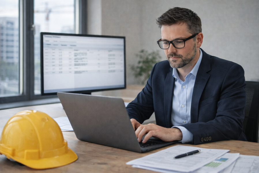 Architekt arbeitet mit AVA-Software am Computer – Ausschreibung, Vergabe und Abrechnung