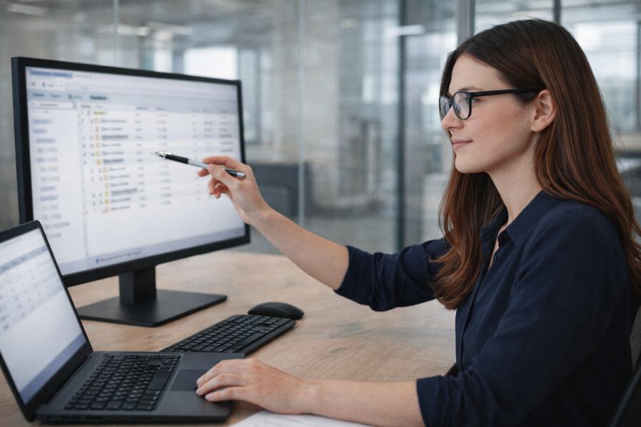 Planerin steht am Stehschreibtisch und zeigt mit Stift auf Baumansicht in AVA-Software auf großem Monitor