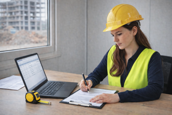 Bauleiterin im Containerbüro prüft Regiebericht auf Klemmbrett und tippt Daten in Laptop; gelber Schutzhelm, zweiter Helm auf Tisch, Rohbau durch Fenster sichtbar