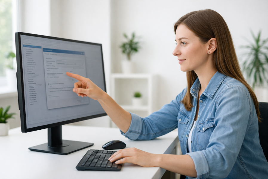 Junge IT-Spezialistin konfiguriert Datenbankeinstellungen auf Monitor