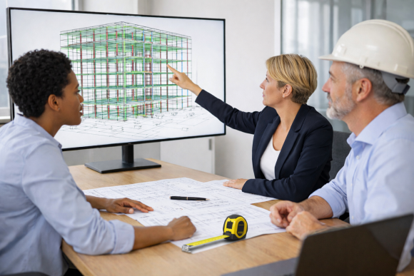 Drei Bauprofis analysieren 3D-BIM-Modell auf großem Bildschirm; farbige Tragwerksstruktur, Baupläne und Laptop auf Holztisch, moderne Büroatmosphäre