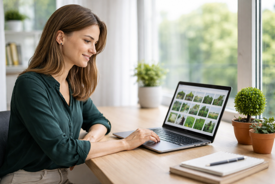 Landschaftsarchitektin wählt Pflanzen im digitalen Bruns-Katalog – Querformat-Symbolbild für effiziente Pflanzlisten-Übernahme