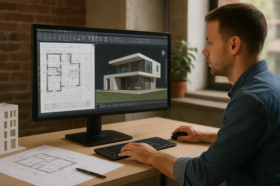 Architekt arbeitet mit CAD-Software am 3D-Gebäudemodell und Grundriss zur digitalen Bauplanung