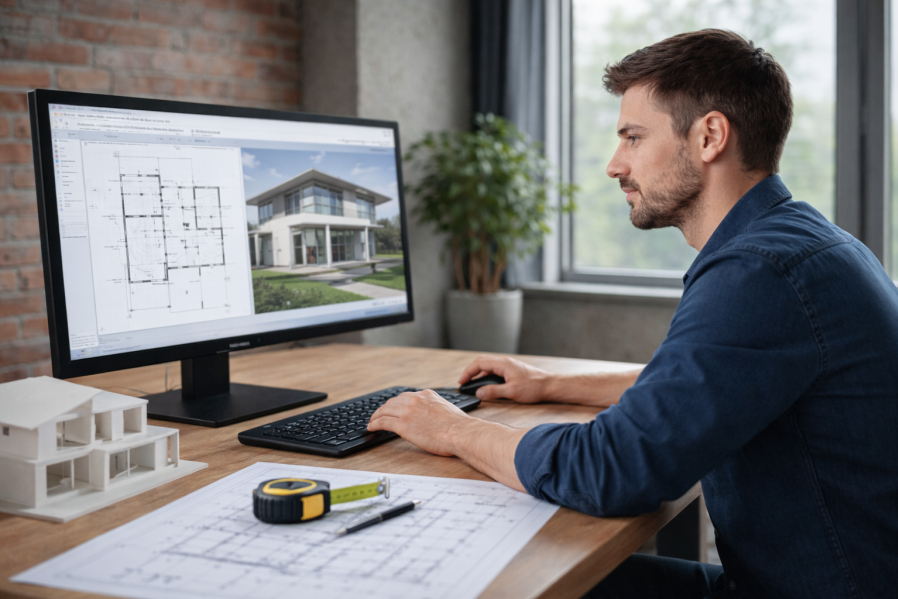 Architekt arbeitet mit CAD-Software am 3D-Gebäudemodell und Grundriss zur digitalen Bauplanung
