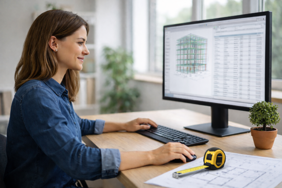 Ingenieurin blickt konzentriert auf Monitor, während sie über die DA11/DA12-Schnittstelle CAD-Mengen in AVA-Software importiert