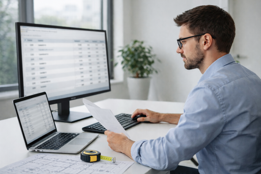 Einkäufer importiert Datanorm-Datei: Mann an weißem Schreibtisch prüft Tabellenansicht auf großem Monitor; helle Büroatmosphäre mit Pflanzen, kein lesbarer Text.