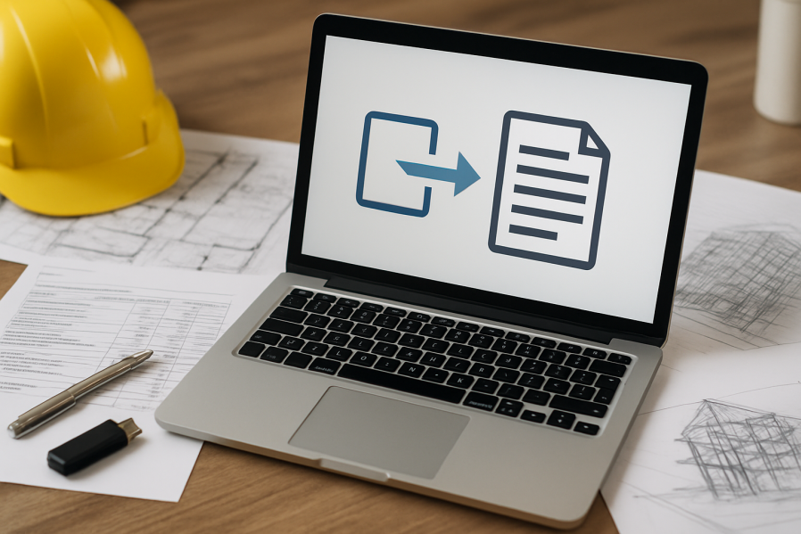 Laptop mit Bauplänen, Schutzhelm und Dokumenten auf Schreibtisch als Symbol für digitalen Datenimport und Export in der Bauplanung