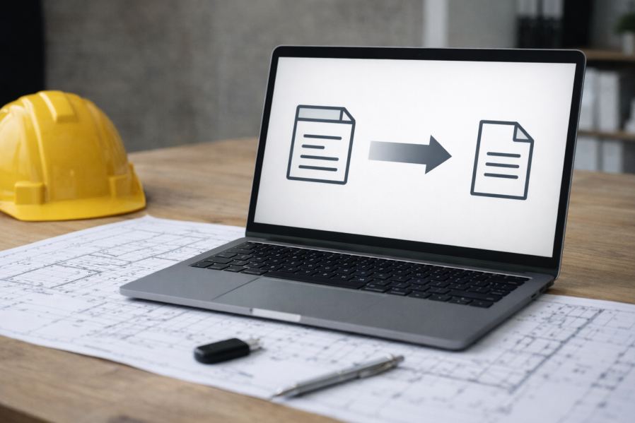 Laptop mit Bauplänen, Schutzhelm und Dokumenten auf Schreibtisch als Symbol für digitalen Datenimport und Export in der Bauplanung
