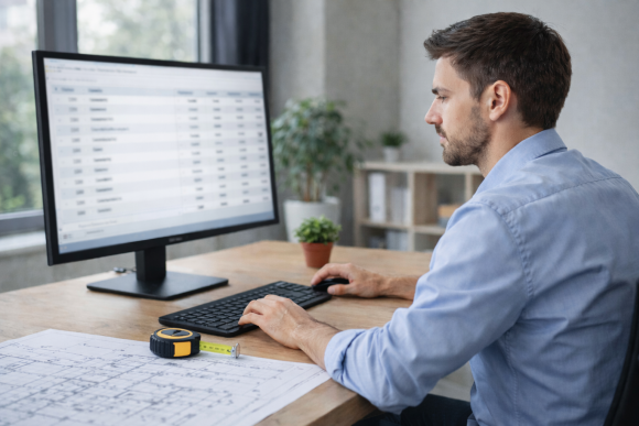 Planer schaut konzentriert auf Monitor, importiert DBD-BIM-Bauteildaten aus BIM-Modell in AVA-Software; StLB-gerechte LV-Positionen; modernes, helles Büro