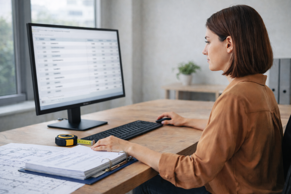 Baukalkulatorin arbeitet mit dualen Monitoren und Ordnern – Querformat-Symbolbild für DIN 276 Kostengruppen