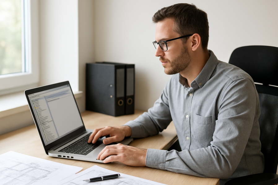 Architekt arbeitet konzentriert am Laptop neben Bauplänen und Aktenordnern als Symbol für digitale Dokumentenverwaltung und Vorlagen in der Bauplanung