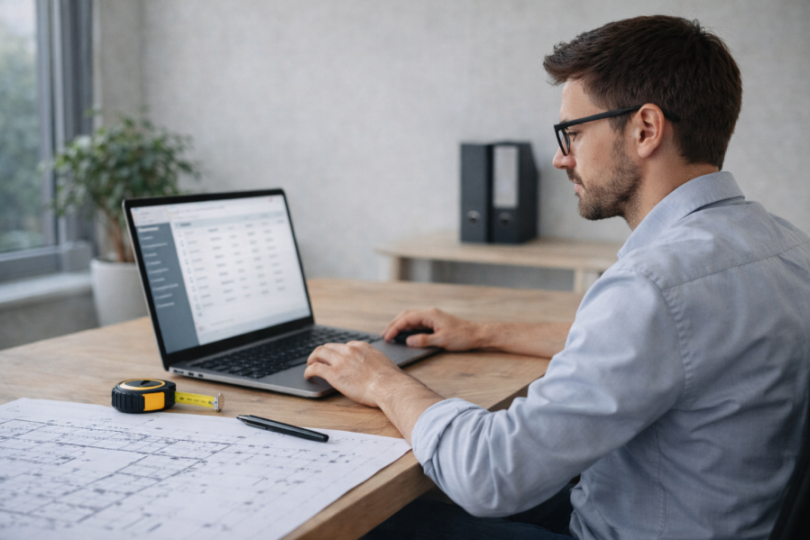 Architekt arbeitet konzentriert am Laptop neben Bauplänen und Aktenordnern als Symbol für digitale Dokumentenverwaltung und Vorlagen in der Bauplanung