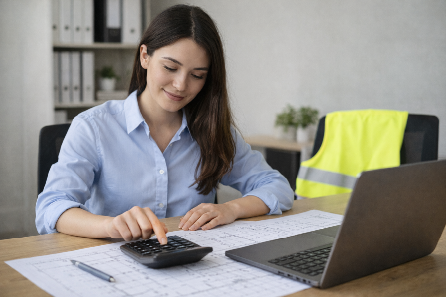 Kostenplanerin berechnet Einheitspreise mit Taschenrechner auf Bauplan – Symbolbild für transparente Baukalkulation