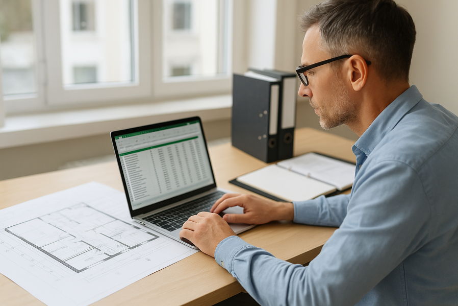 Architekt arbeitet konzentriert am Laptop mit Excel-Tabelle neben Bauplänen und Aktenordnern als Symbol für den Excel-Export von Projektdaten in der AVA-Software