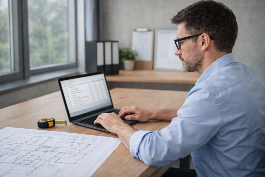 Architekt arbeitet konzentriert am Laptop mit Excel-Tabelle neben Bauplänen und Aktenordnern als Symbol für den Excel-Export von Projektdaten in der AVA-Software