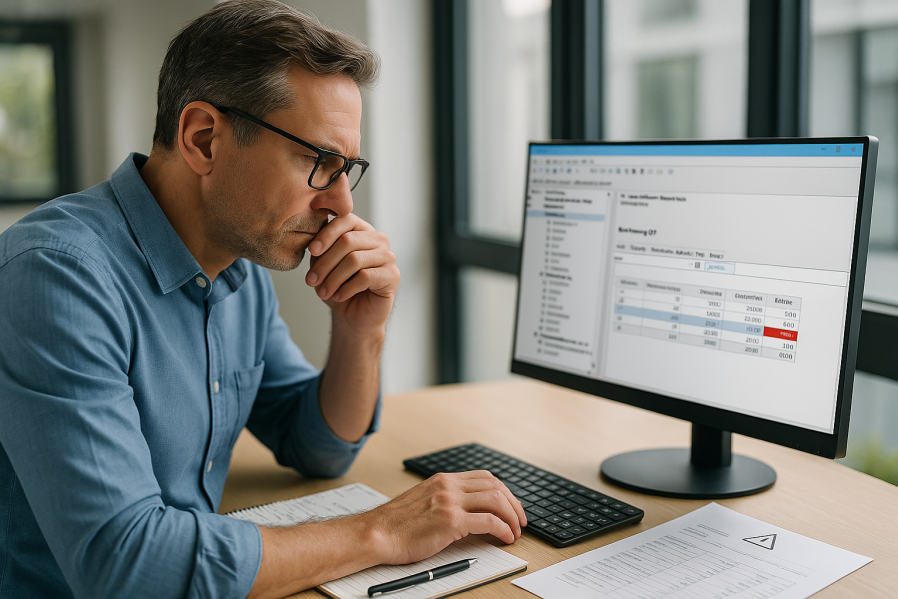 Architekt prüft digitale Bauausschreibung mit AVA-Software am Monitor, automatische Fehlerkontrolle unterstützt die Qualitätssicherung