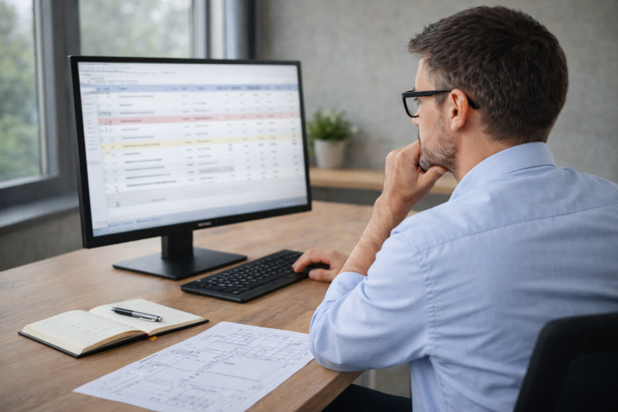 Architekt prüft digitale Bauausschreibung mit AVA-Software am Monitor, automatische Fehlerkontrolle unterstützt die Qualitätssicherung