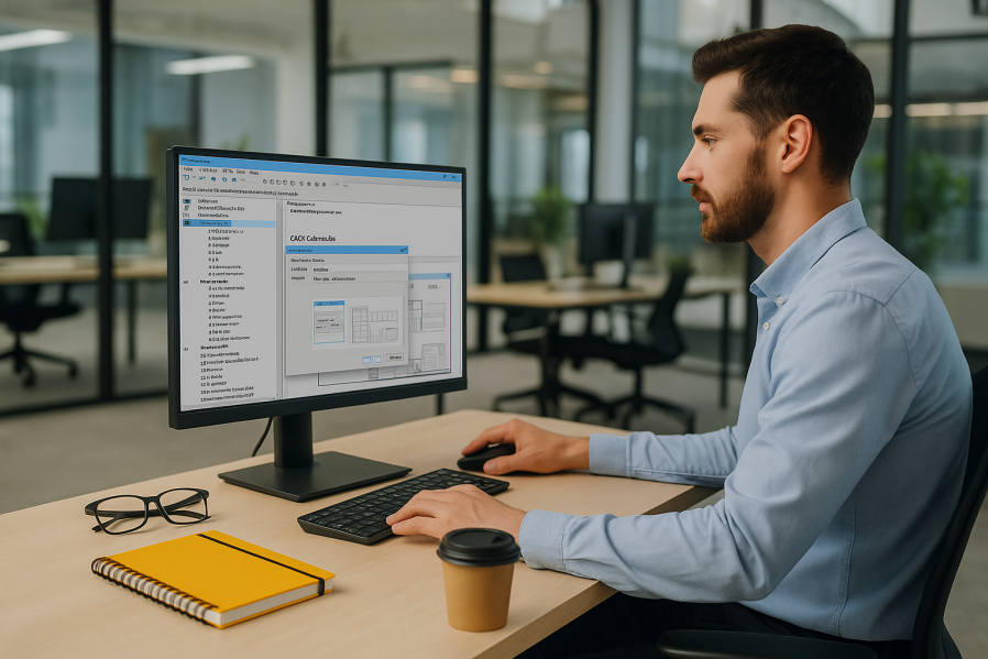 Mann arbeitet im modernen Büro an Computer mit AVA-Software und GAEB-Schnittstelle, auf dem Schreibtisch liegen Notizbuch, Brille und Kaffeebecher
