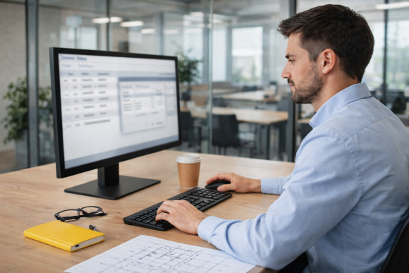 Mann arbeitet im modernen Büro an Computer mit AVA-Software und GAEB-Schnittstelle, auf dem Schreibtisch liegen Notizbuch, Brille und Kaffeebecher