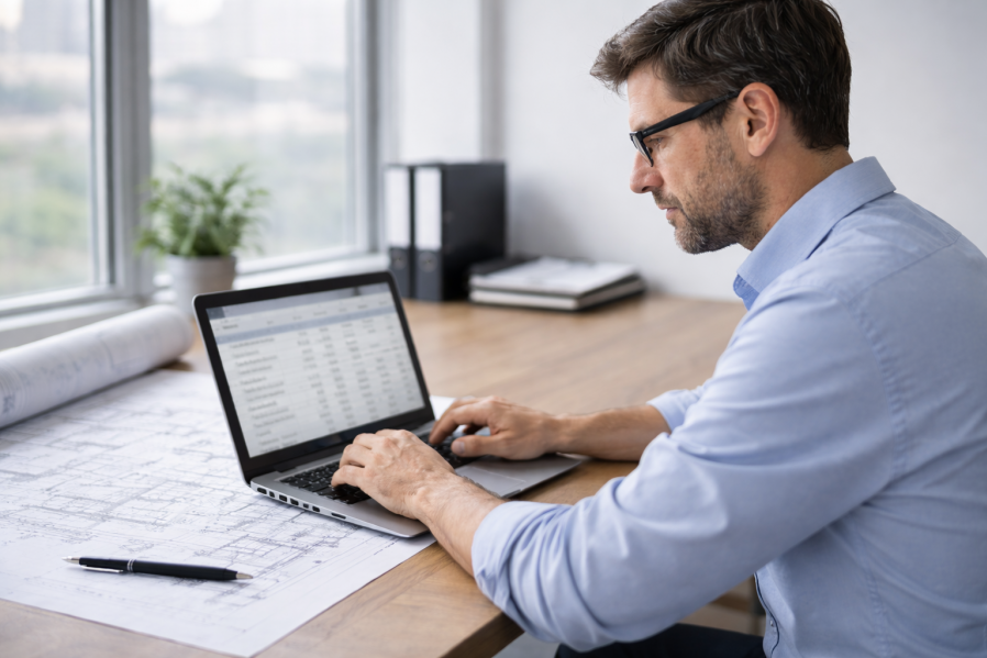 Architekt arbeitet konzentriert am Laptop – Querformat-Symbolbild für GAEB-Schnittstellen in der Bauausschreibung