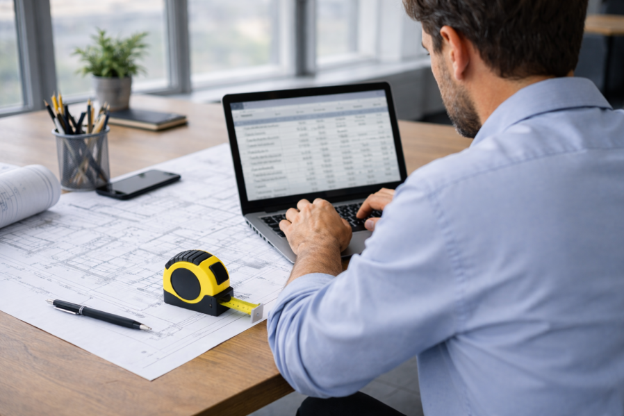 Mann arbeitet konzentriert im Büro am Computer mit Leistungsverzeichnis, gelbes Maßband liegt auf dem Schreibtisch