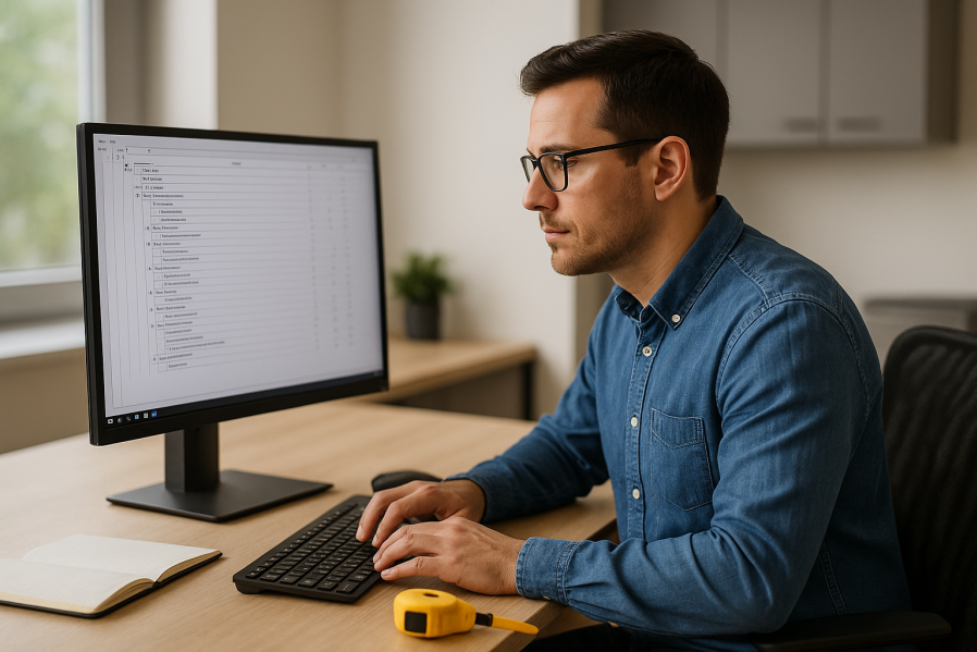 Mann arbeitet konzentriert im Büro am Computer mit Leistungsverzeichnis, gelbes Maßband liegt auf dem Schreibtisch