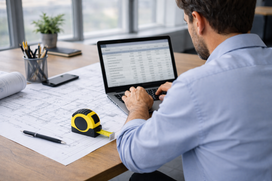 Mann arbeitet konzentriert im Büro am Computer mit Leistungsverzeichnis, gelbes Maßband liegt auf dem Schreibtisch