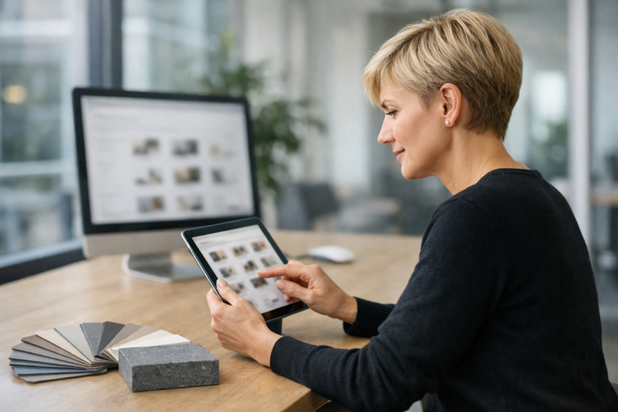 Architektin recherchiert Baustoffe in Heinze-Datenbank auf Tablet; Farbfächer und Materialmuster liegen auf hellem Schreibtisch, unscharfer Monitor im Hintergrund