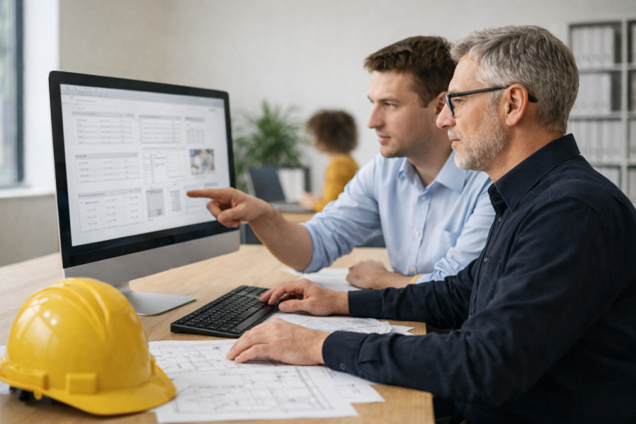 Mann arbeitet im Büro konzentriert am Laptop, auf dem Schreibtisch liegt ein gelber Bauhelm neben Bauplänen