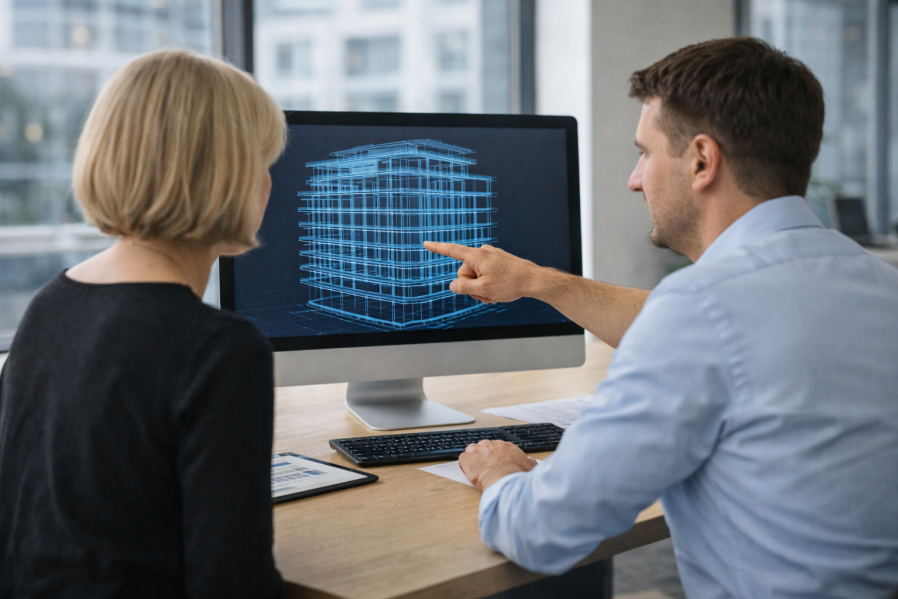 Zwei Fachleute betrachten 3D-Wireframe-Modell mit IFC-Logo auf Monitor; Architekt zeigt auf Bauteil, Tablet auf Tisch, modernes Glasbüro ohne lesbaren Bildschirmtext