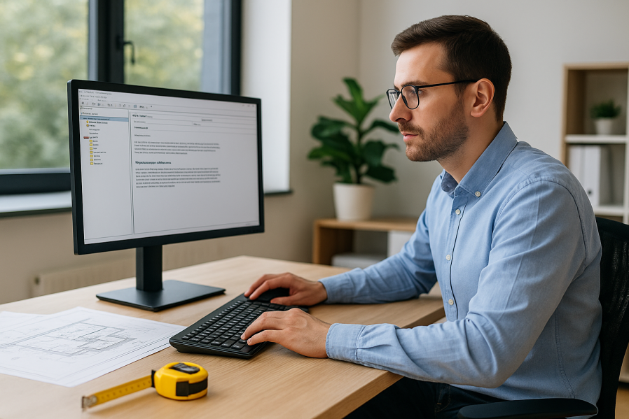 Mann arbeitet konzentriert im Büro am Computer mit Leistungsverzeichnis, auf dem Schreibtisch liegen Baupläne und ein gelbes Maßband