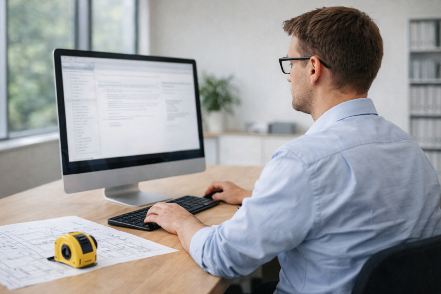 Mann arbeitet konzentriert im Büro am Computer mit Leistungsverzeichnis, auf dem Schreibtisch liegen Baupläne und ein gelbes Maßband