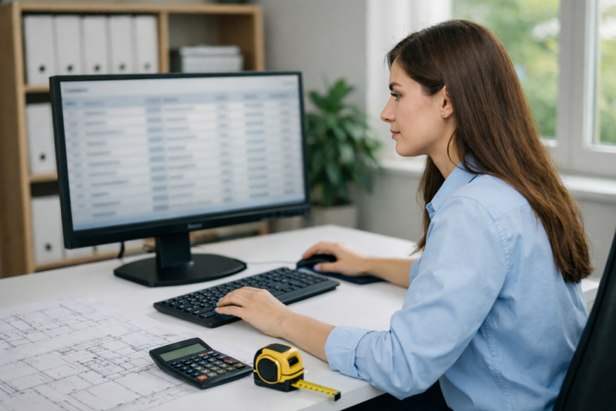 Projektcontrollerin überwacht Baukosten am Rechner – Symbolbild für AVA-gestützte Kostenverfolgung und DIN-276-Budgetkontrolle