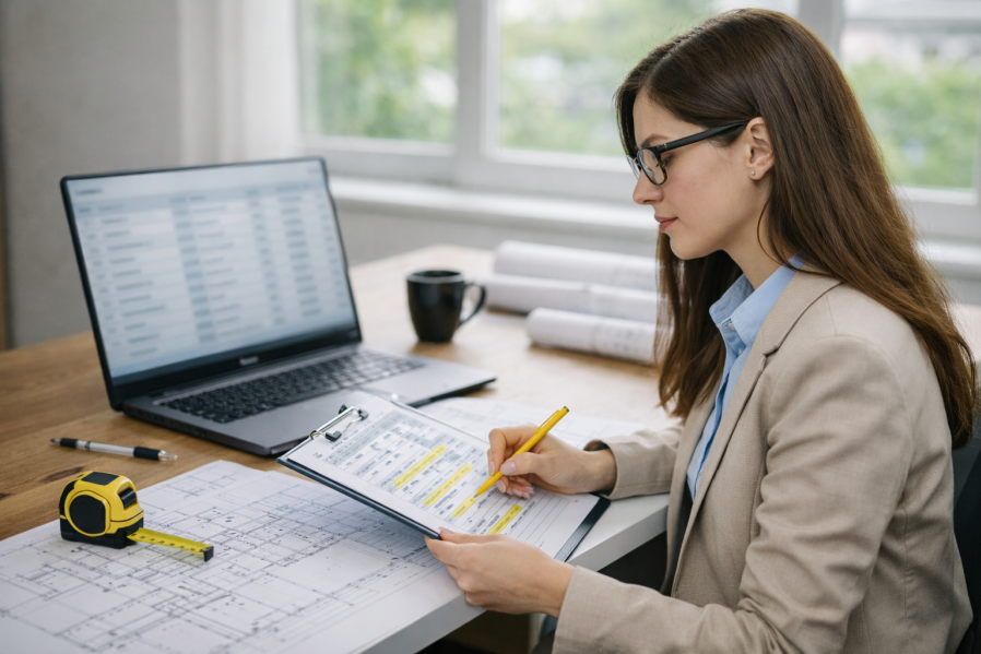 Projektleiterin prüft ein gedrucktes Leistungsverzeichnis, Laptop zeigt dasselbe LV in AVA-Software; Baupläne, Maßband und Bleistift auf dem Schreibtisch