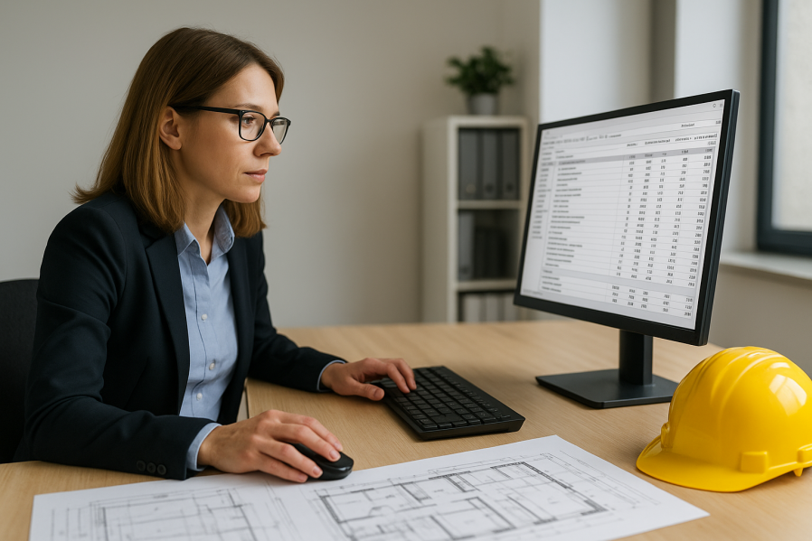 Frau arbeitet konzentriert im Büro am Computer mit Tabellen, auf dem Schreibtisch liegen Baupläne und ein gelber Bauhelm
