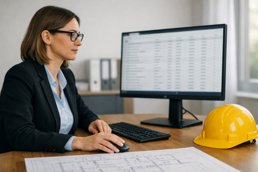 Frau arbeitet konzentriert im Büro am Computer mit Tabellen, auf dem Schreibtisch liegen Baupläne und ein gelber Bauhelm