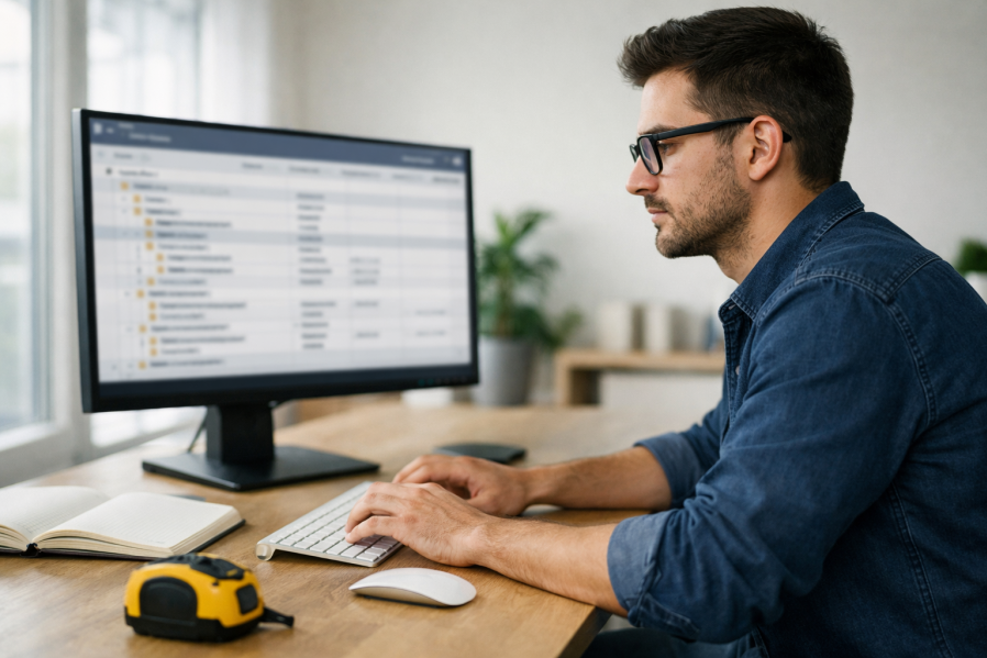 Freundlicher Architekt nutzt AVA-Software mit MDI-Schnittstelle zum Import von Sirados-Leistungsverzeichnissen auf großem Monitor in modernem Büro