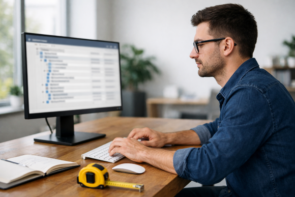 Ingenieurin berechnet Mengen mit Laptop, Bauplan & Rechner – Querformat-Symbolbild für digitale Mengenermittlung