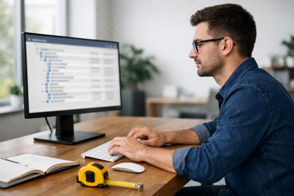 Ingenieurin berechnet Mengen mit Laptop, Bauplan & Rechner – Querformat-Symbolbild für digitale Mengenermittlung