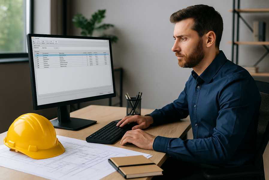 Mann arbeitet konzentriert am Computer im Büro, auf dem Schreibtisch liegen Baupläne, Notizbuch und ein gelber Bauhelm