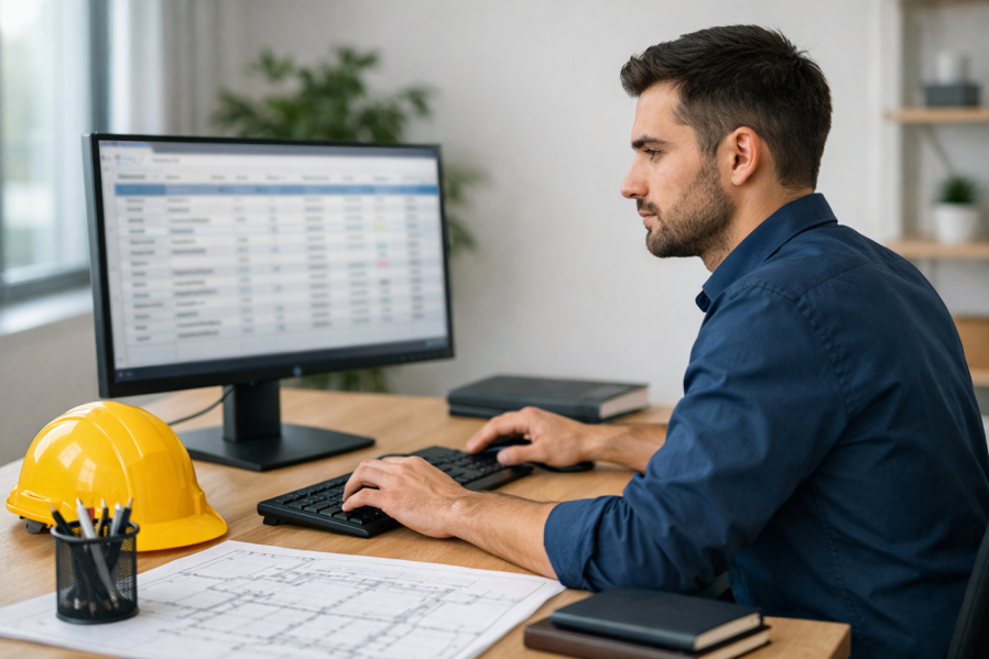 Mann arbeitet konzentriert am Computer im Büro, auf dem Schreibtisch liegen Baupläne, Notizbuch und ein gelber Bauhelm
