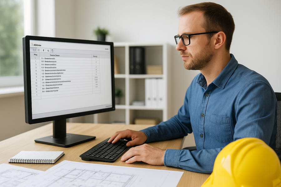 Mann arbeitet konzentriert im Büro am Computer mit Leistungsverzeichnis-Nummerierung, auf dem Schreibtisch liegen Baupläne, Notizbuch und gelber Bauhelm